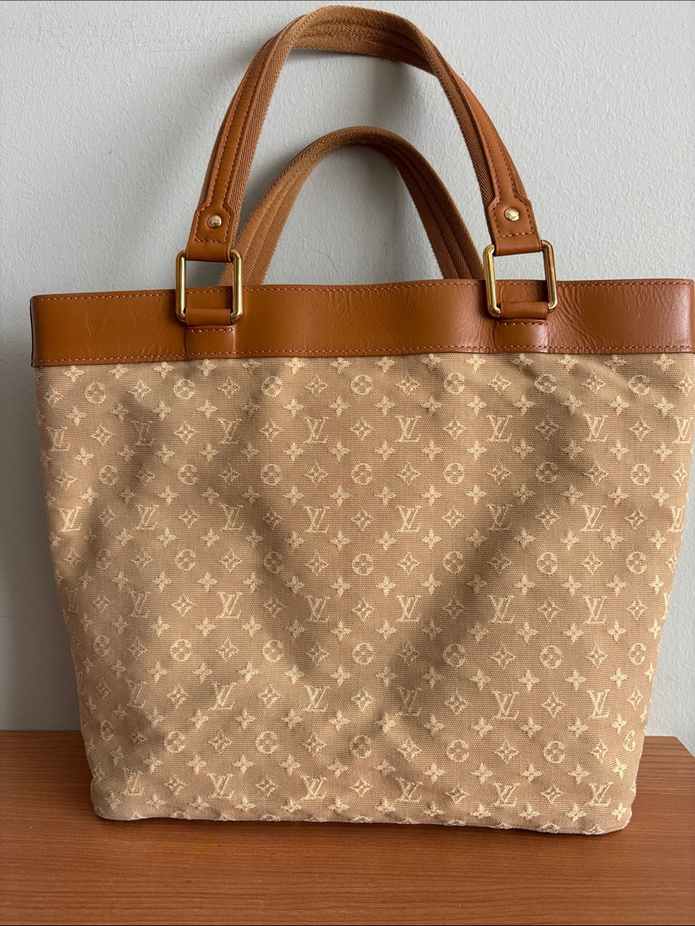 Louis Vuitton Beige Monogram Canvas Tote with Tan Leather Trim